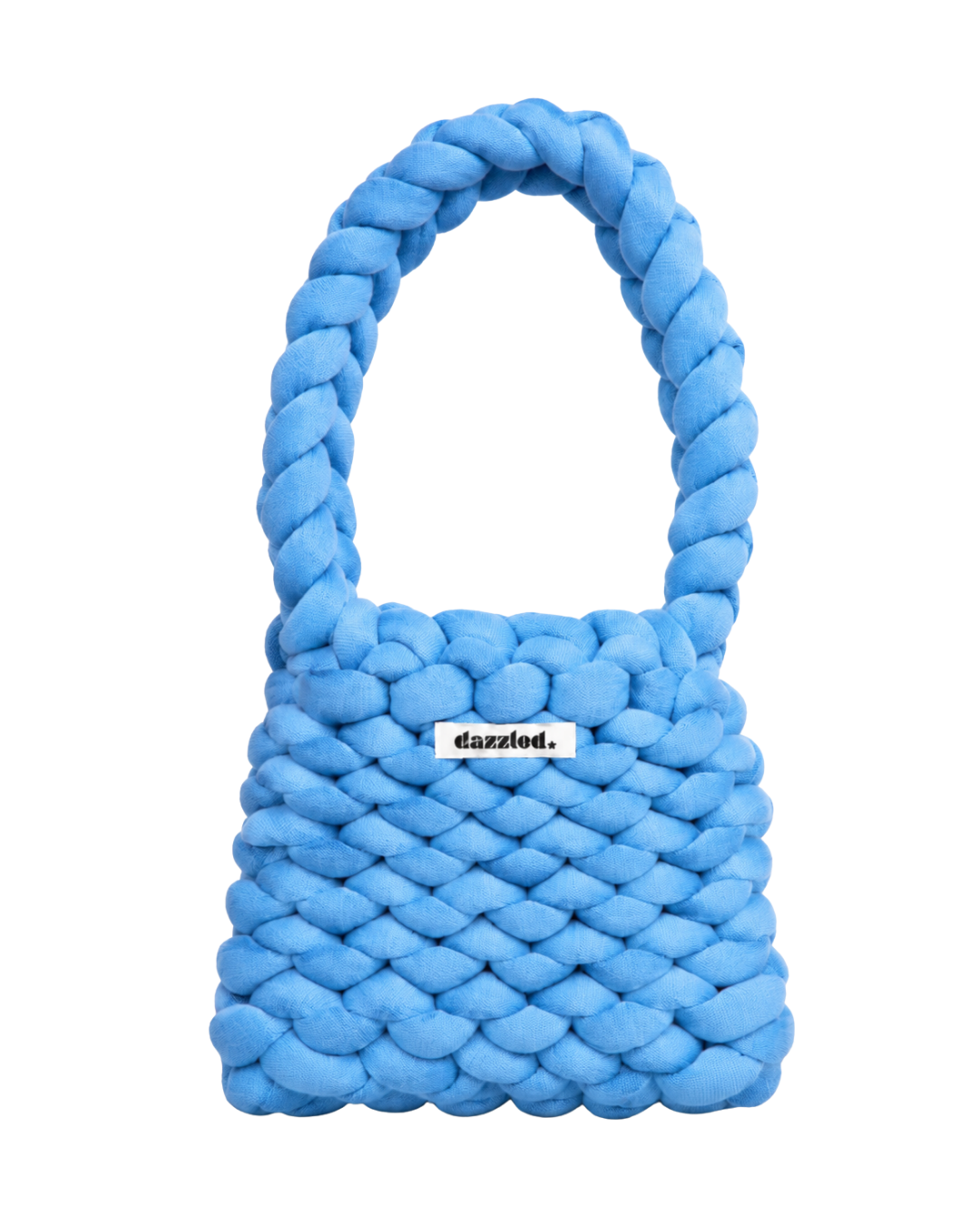Finished crochet bag made with the Blue DIY Kit by Dazzled