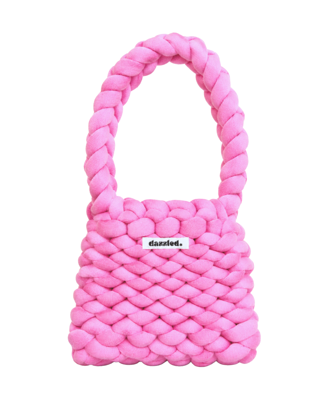 Finished crochet bag made with the Pink DIY Kit by Dazzled