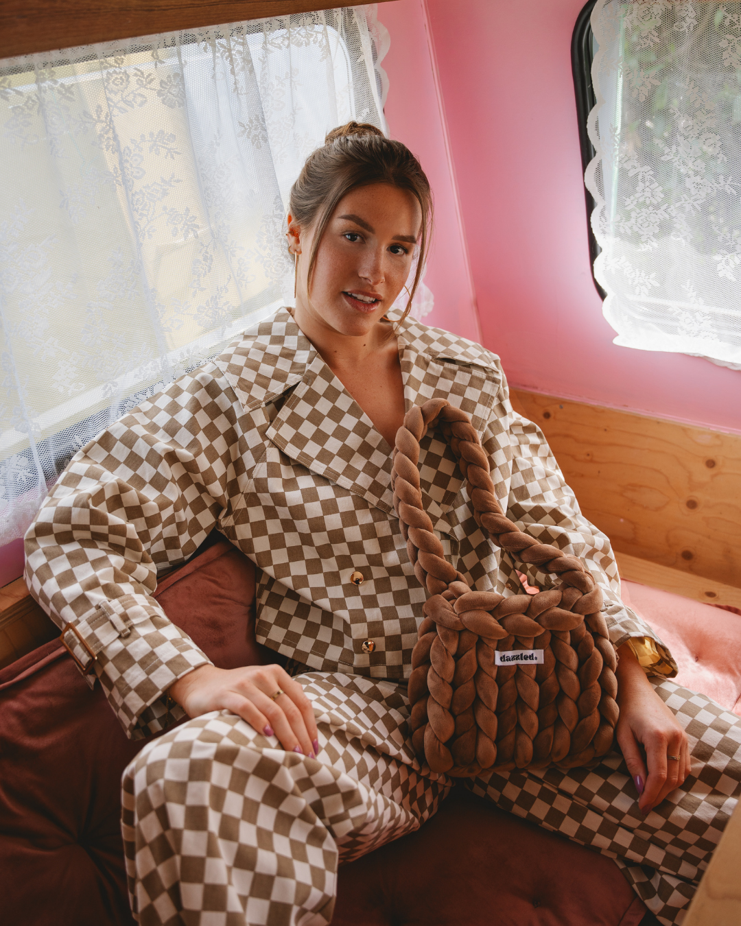 Model wearing The Mae Bag Brown crochet handbag by Dazzled